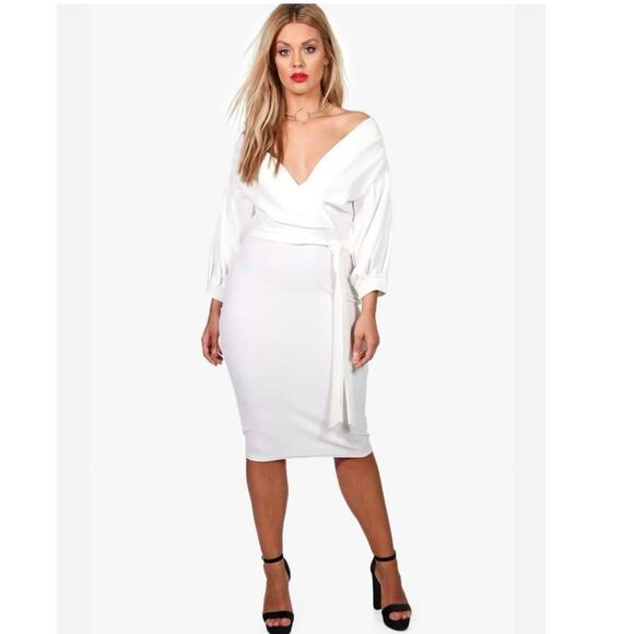 Boohoo White Midi Wrap V-neck Dress Size 20 - Picture 1 of 9